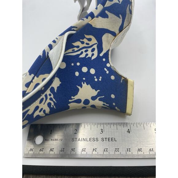 Christian Dior Size 6.5 Canvas Sandals Blue White Printed Wedge Heel Open Toe - Picture 10 of 10